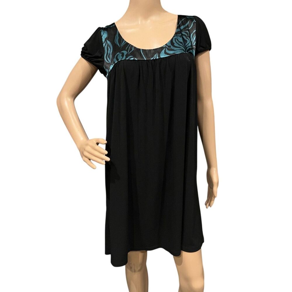 ELLE Black & Green Cap Sleeve Babydoll Midi Dress Flowy Sz S
